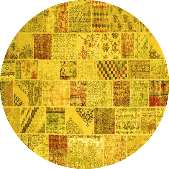 Ahgly Company Indoor Round Patchwork Yellow Transitional Area Rugs, 5' Round