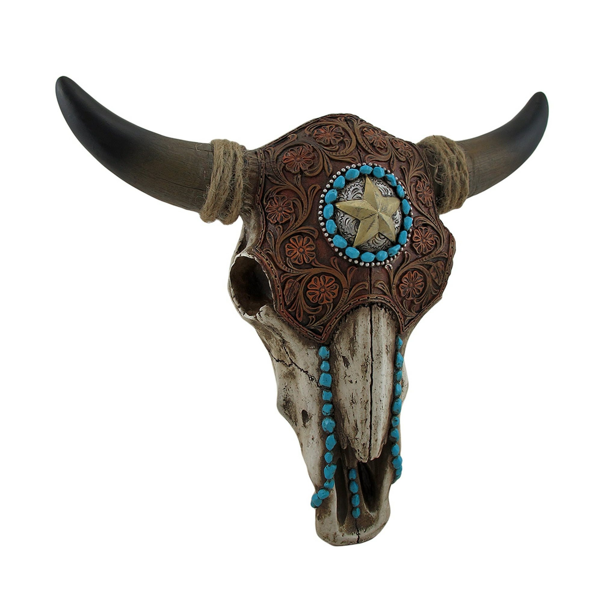 Tooled Leather Look Covered Southwest Bull Skull Wall Sculpture