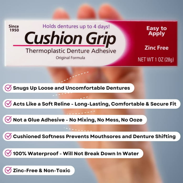  Cushion Grip 10 Gram Trial Tube  Fills The Gaps and Makes Your  Loose Upper and Lower Dentures Fit Snug Again [Not A Denture Glue Adhesive,  Acts Like A Soft Liner