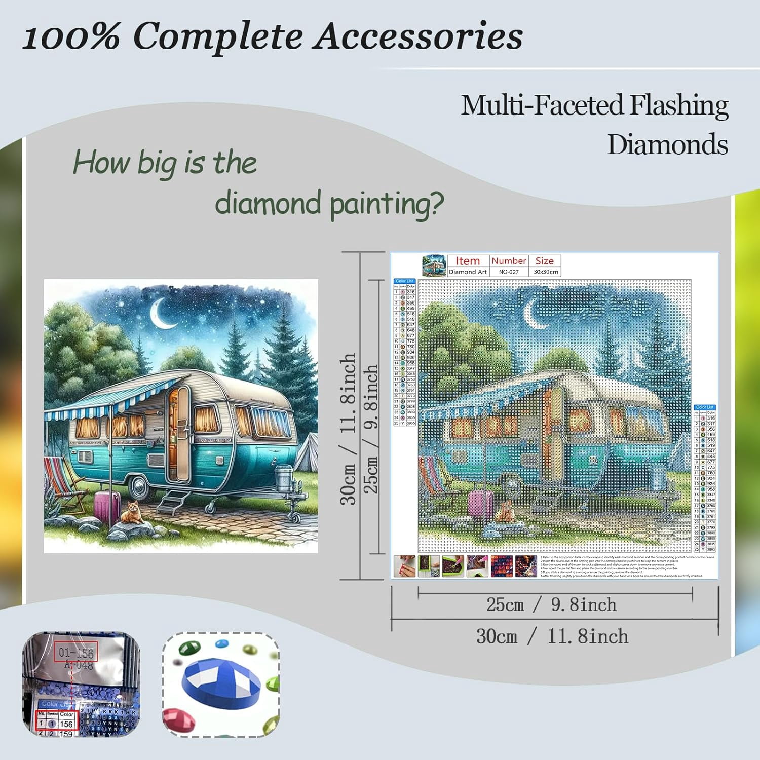 Camper Van Diamond Art Kits for Adults - 5D Full Drill Round Diamond Painting Kit for Beginners, DIY Gem Art for Home Wall Decor & Gift 12x12 Inch