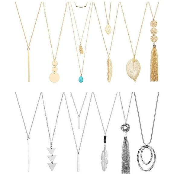 12-Piece Women Long Tassel Necklace Set Ladies Brief Geometric Pendant Sweater Chain Kit Fashion Exaggerated Alloy Necklace With Leaf Circle Bar Style