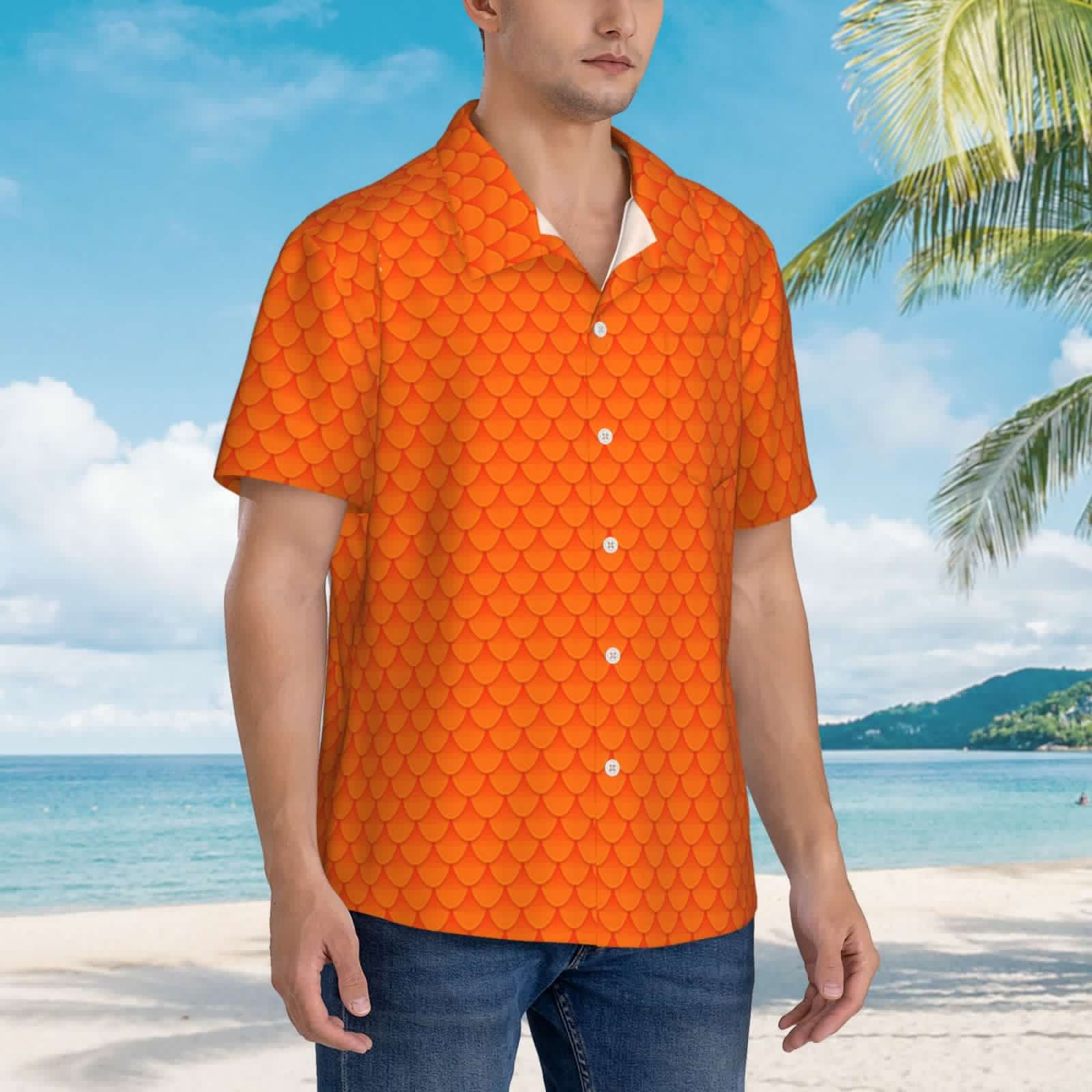 thumbnail image 3 of Bingfone Men's Short Sleeve Button Down Shirts Hawaiian Orange Scales Printed Beach Shirt, 3 of 7