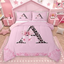 Homewish Personalized Initial Letter A 2pcs Bedding Comforter Set for Kids Children Girls,Leopard Print Twin Comforter Sets,Dreamy Princess Bow Breathable Bedding Set,Luxury Bedroom Decor,Reversible