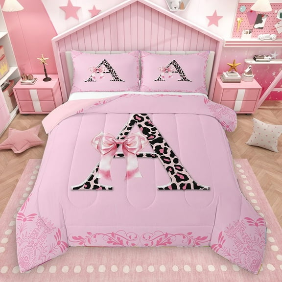 Homewish Personalized Initial Letter A 2pcs Bedding Comforter Set for Kids Children Girls,Leopard Print Twin Comforter Sets,Dreamy Princess Bow Breathable Bedding Set,Luxury Bedroom Decor,Reversible