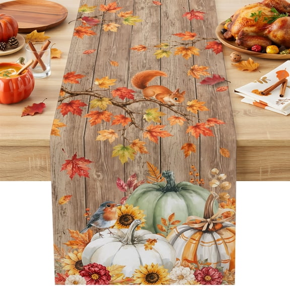 Table Runner 72 Inches Long, Fall Maple Leaf Decorative Table Runner for Party Wedding Home Decor, Thanksgiving Pumpkins Squirrel Brown Wooden Dresser Scarves for Bedroom Kitchen Decor 13x72 Inch