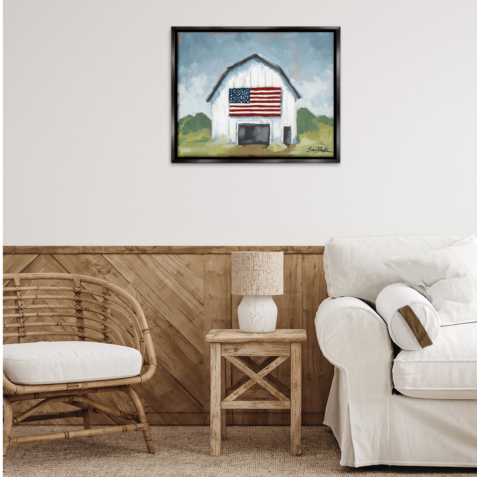 Stupell Industries Patriotic Country Barn Landscape & Nature Painting Black Floater Framed Canvas Art Print Wall Art, 31 x 25