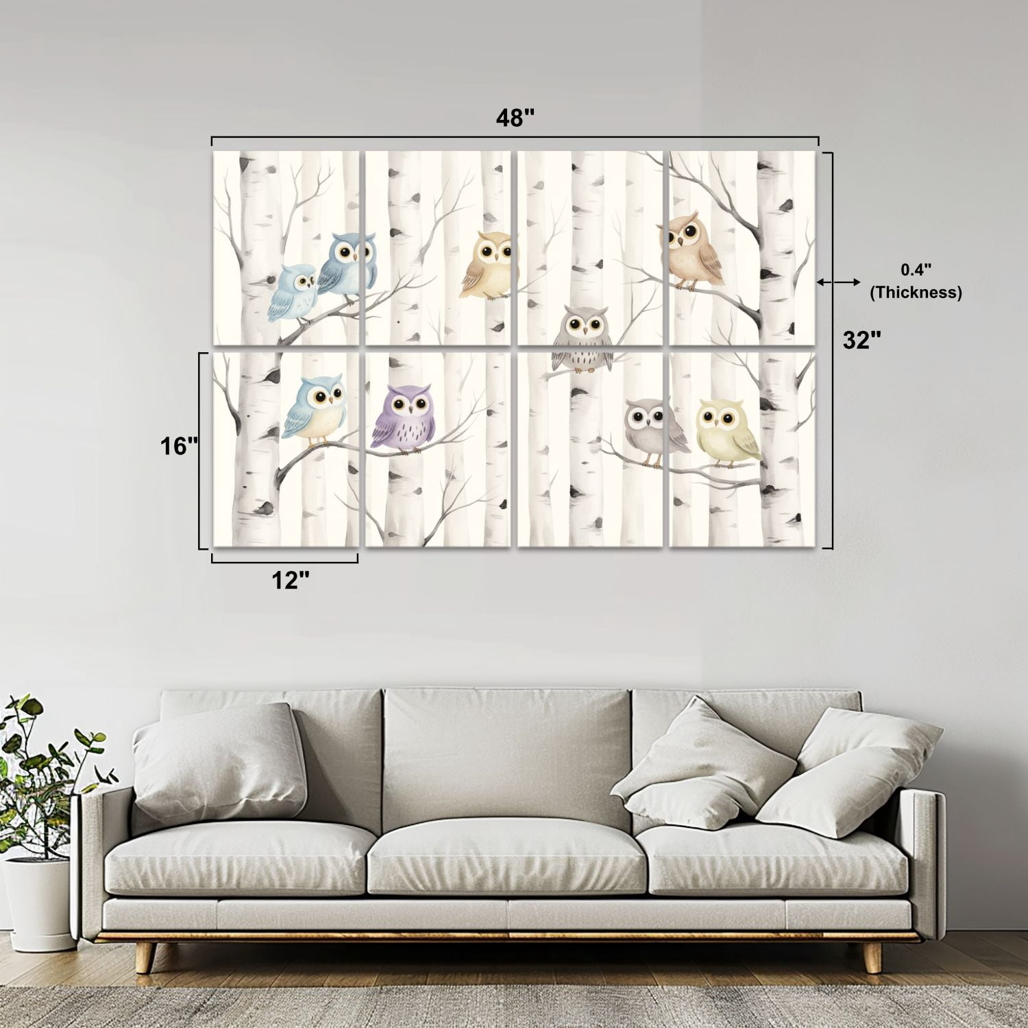8 Pack Art Acoustic Panels Sound Absorbing Colorful Owls Sitting Branches Birch Tree Forest Decorative Soundproof Wall Panels Self Adhesive for Nursery Game Room Bedroom 48"x32"
