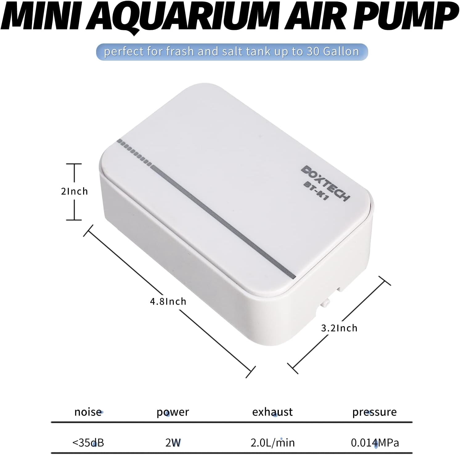 Boxtech Aquarium Air Pump, Ultra-Quiet Fish Tank Oxygen Pump Powerful Aerator Pump to Make Rich and Fine Air Bubbles (1-30 Gallons (with Accessories))