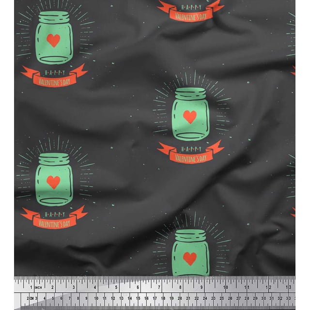 Soimoi Green Poly Georgette Fabric Jar & Happy Valentine Day Text Print Sewing Fabric Yard 52 Inch Wide