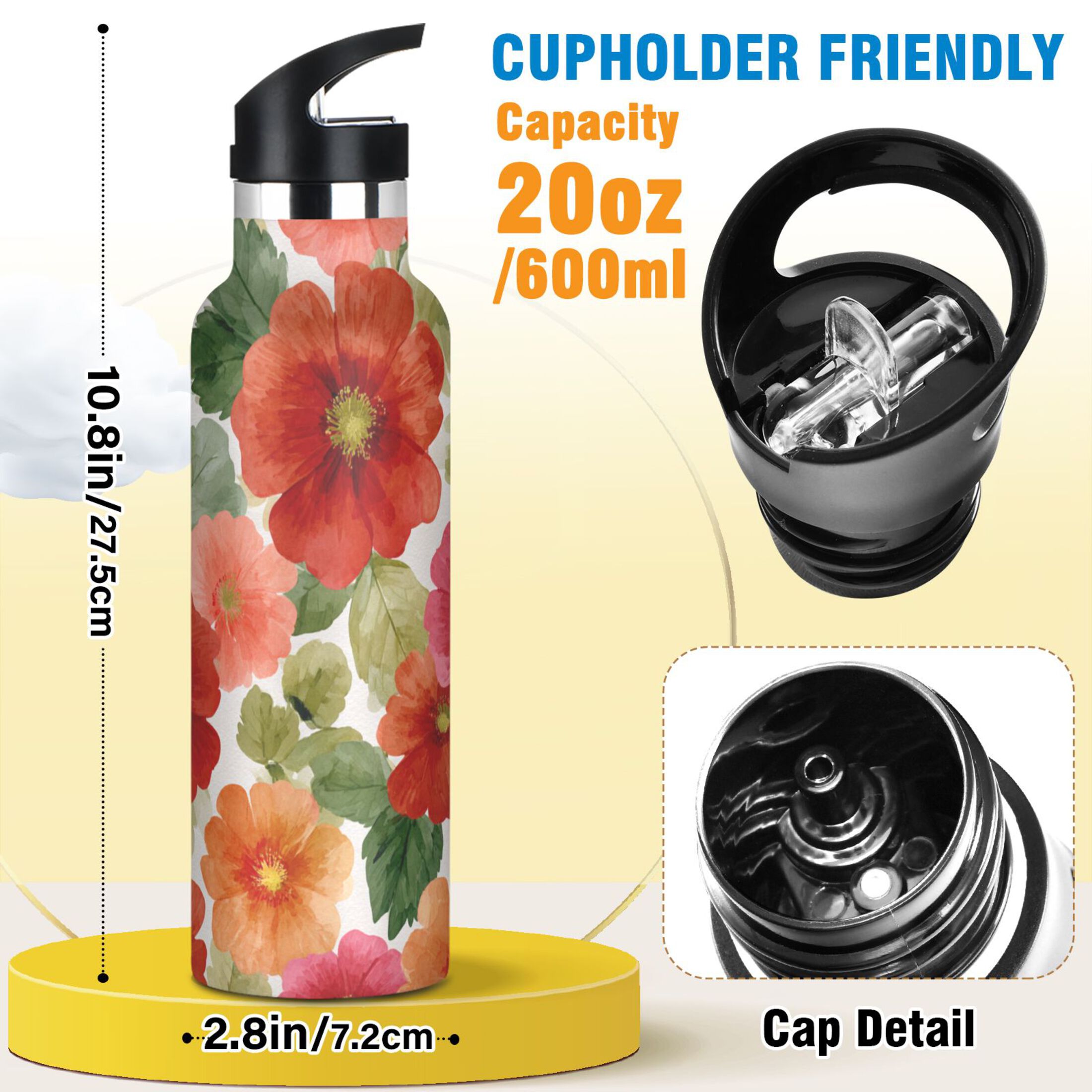 Kids Insulated Stainless Steel Sports Water Bottle 600ml (20oz) Red and Orange Flowers