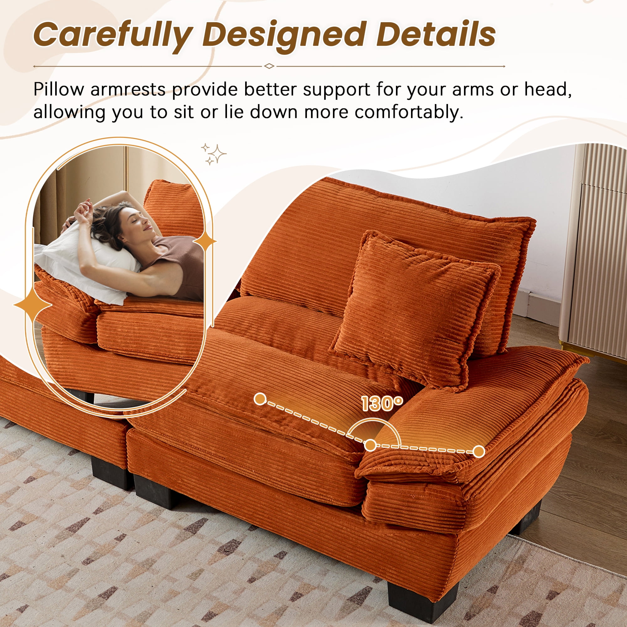 Dinosisco 84"L Deep Seat Sofa, Corduroy Upholstered Sleeper Couch for Living Room, Orange