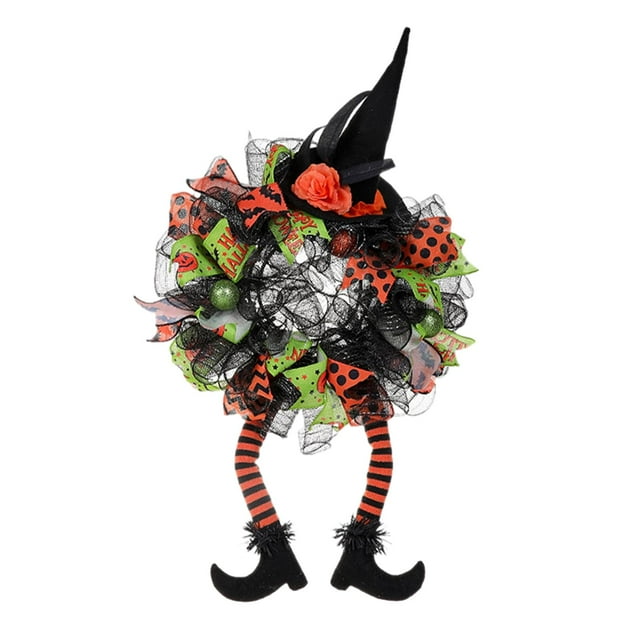 Corona de cinta de Halloween Corona de Halloween para puerta de entrada 75 cm x 40 cm Corona artificial decorativa Percha de guirnalda para decoración Macarena corona de halloween