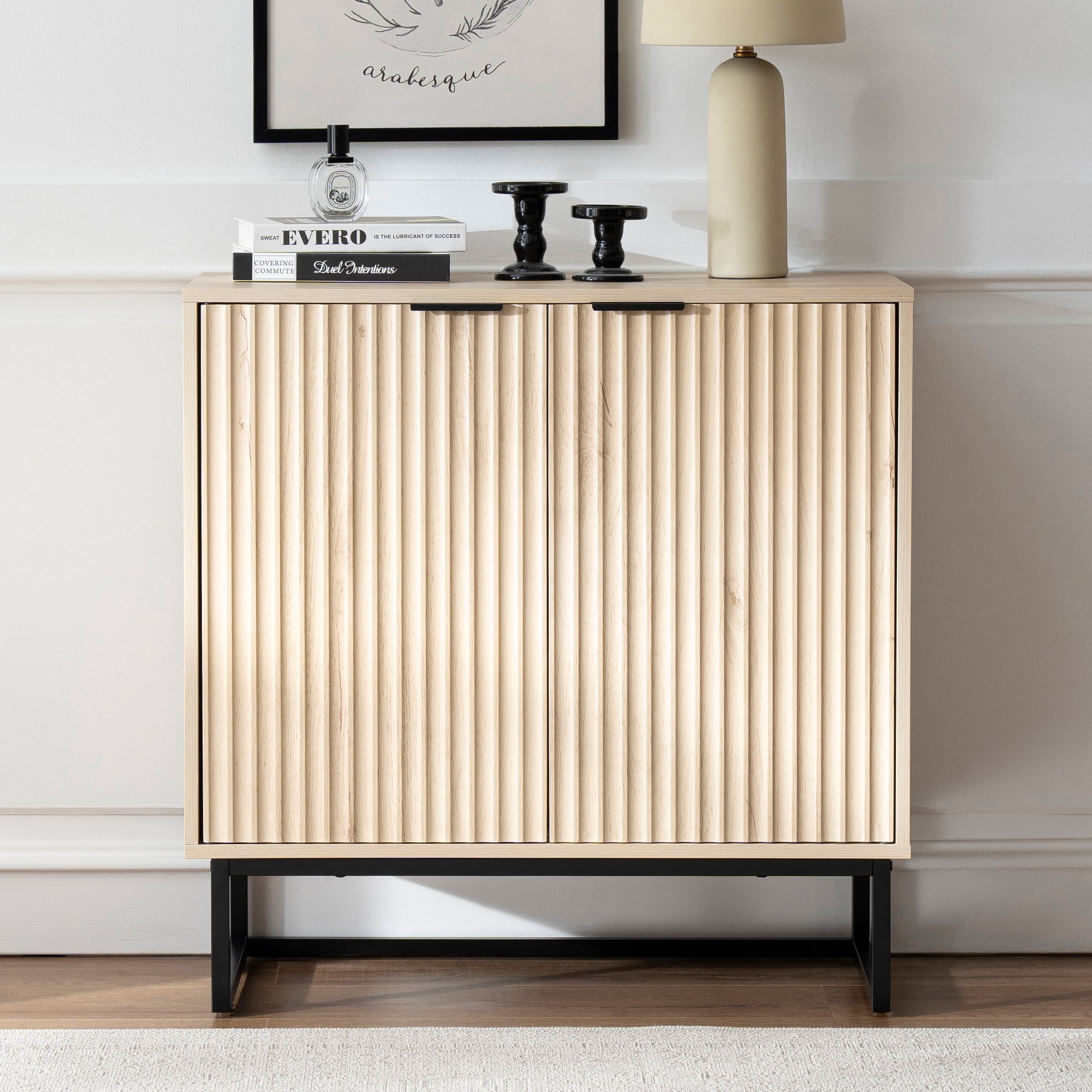 Joyyskill Fluted Storage Cabinets Set of 2, Sideboard Buffet Cabinet with Adjustable Shelves, Multifunctional Console Table Accent Cabinet, Light Oak