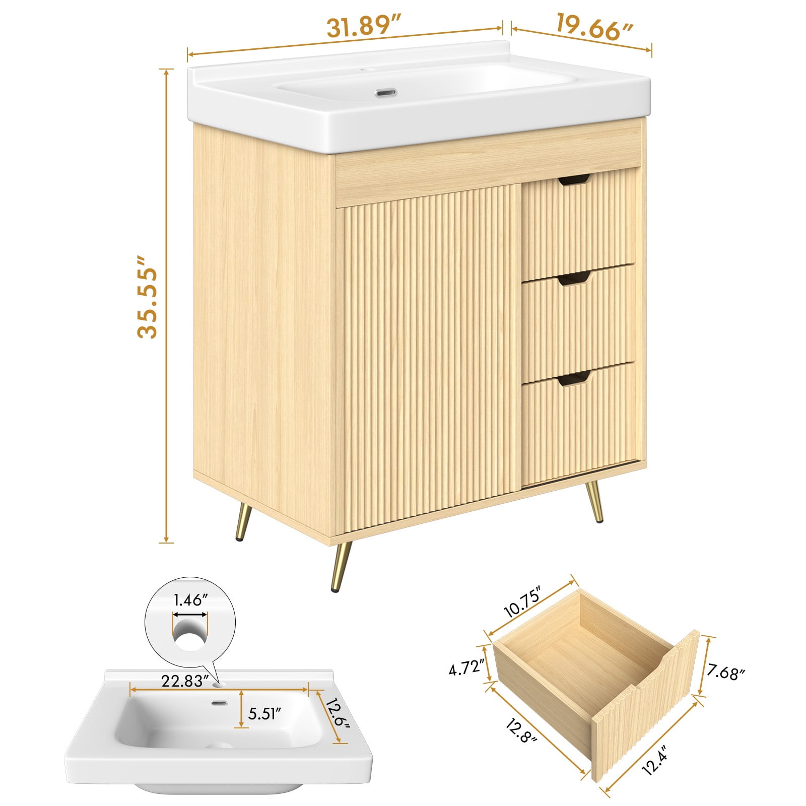 PPorfamilia Bathroom Vanity Cabinet with Ceramic Sink, Faucet and 3 Drawers, Natural