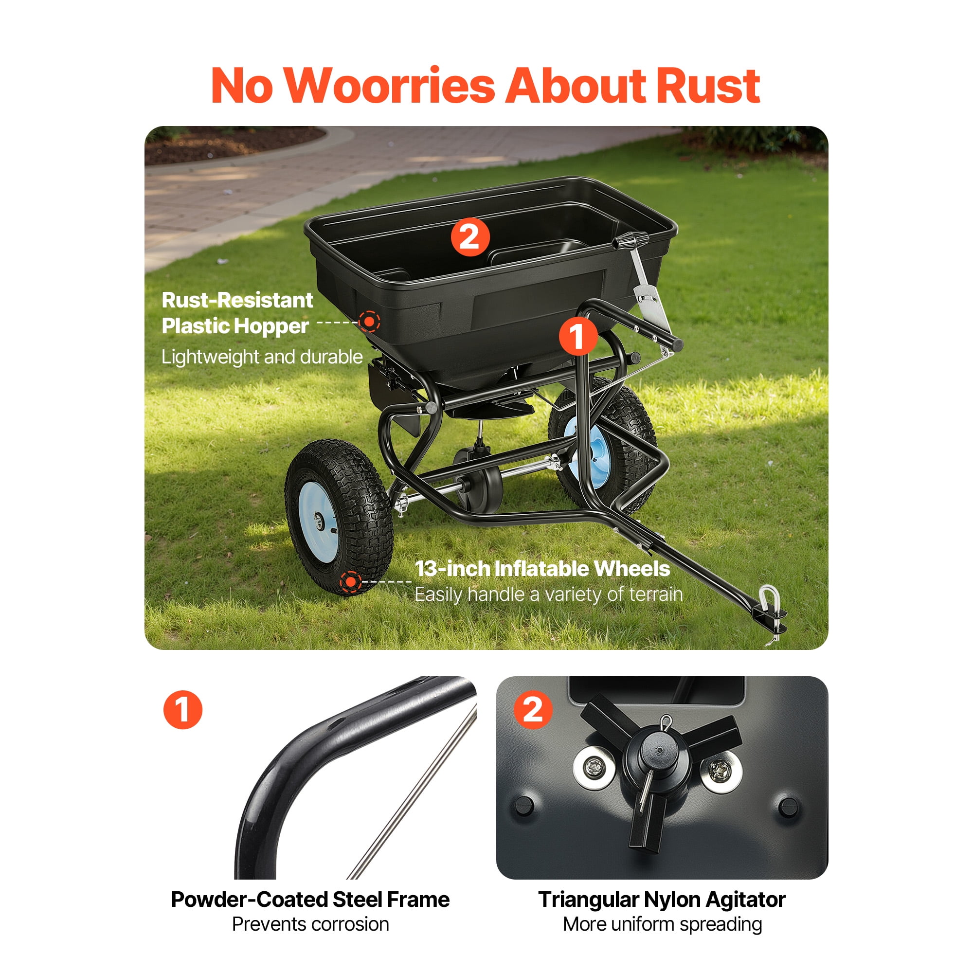 KFFKFF Tow-Behind Broadcast Spreader Garden Fertilizer Seeder, Steel & PP Material, 130 lbs Capacity