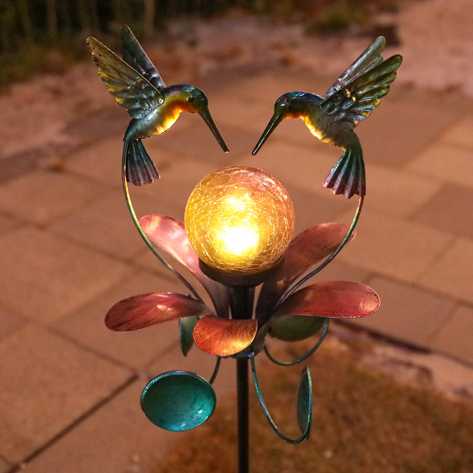 Wonder Garden Solar Wind Spinner hummingbird Garden Stake Decoration with LED Light, Crackle Glass Ball Weather Resistant Multicolor, Blue