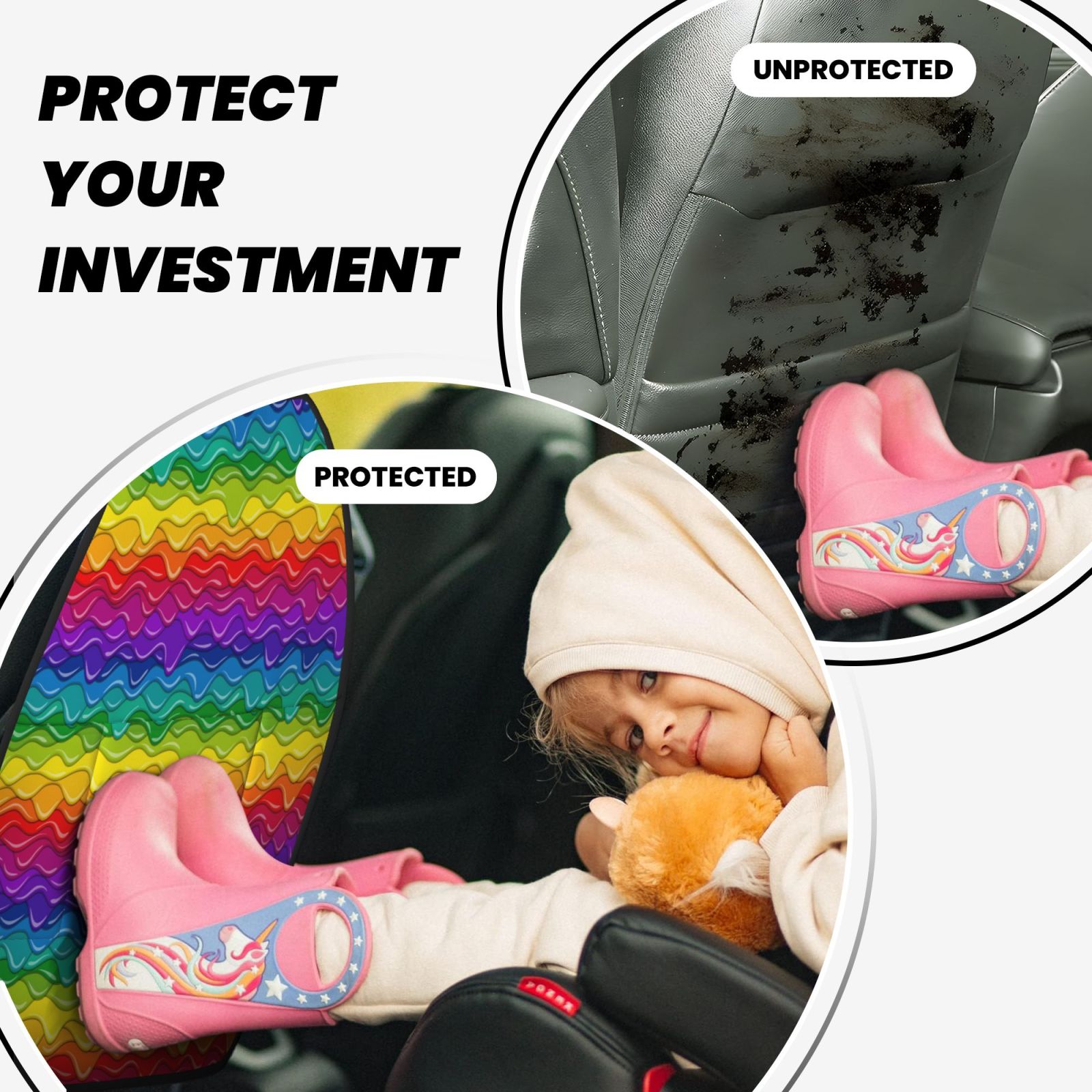 Xecao Bright Rainbow Pattern Car Seat Back Protector 2 Pack Large Capacity Pocket, Kick Mats Back Seat Protector