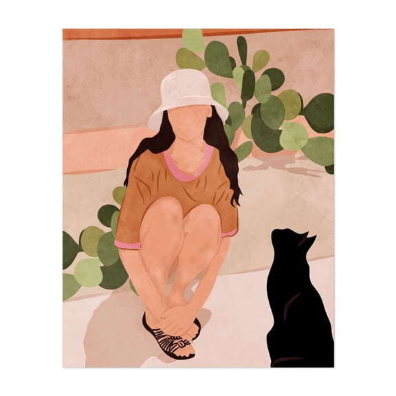 Quiet Afternoon - India Illustration Minimalist Boho Cactus Cat Summer Abstract Fashion Unframed Wall Art Print 8 x 10 inches