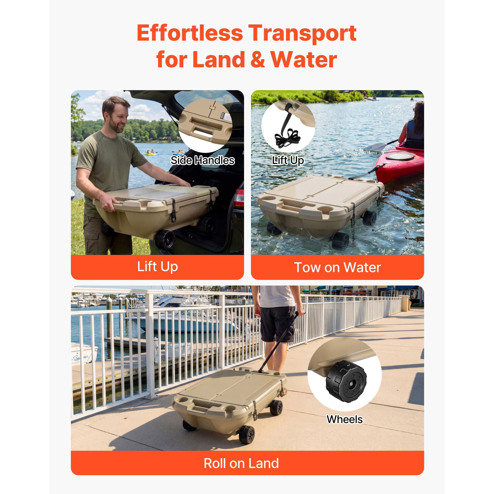 Floating Cooler, 40 QT Floating Ice Chest with Dry Storage, Wheels & Tow Rope, Amphibious Drink Cooler for Water & Land, Stable Cruiser on Lake, River, Pool, Beach, Kayak, Apricot