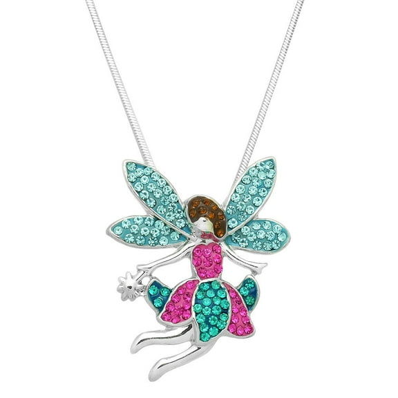 Fairy Pendant Necklace Rhinestone Crystal Rhodium Plated 17 Inch Snake Chain J0668