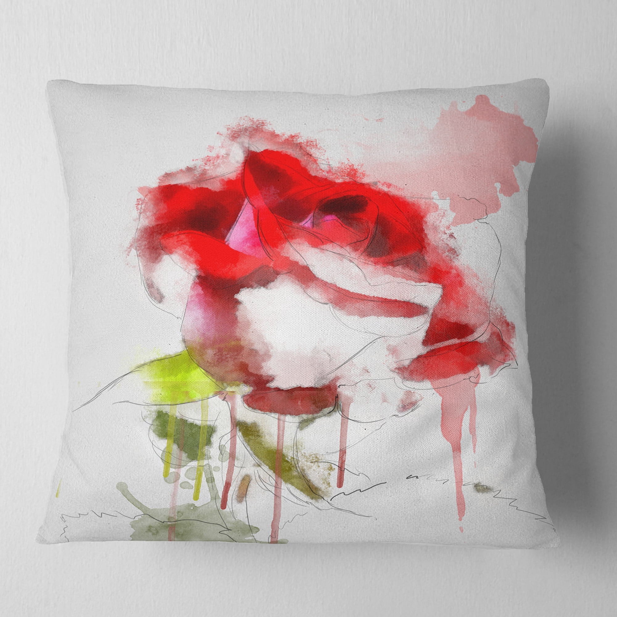Designart Red Rose Sketch with Red Splashes - Floral Throw Pillow - 16x16