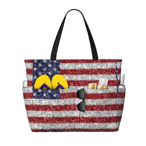 Fotbe America Flag Glitter Bolsa de Viaje para Playa - Resistente al Agua, Bolsa Tote de Gran Capacidad y Ligera con 7 Bolsillos para Mujeres y Hombres