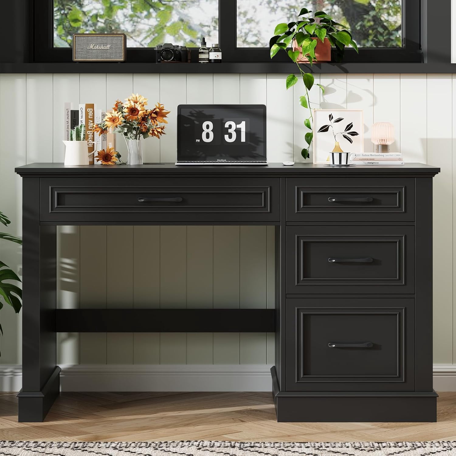 Farmhouse 47" Executive Desk with File Drawer, Computer Desk with 4 Drawers, Workstation for Study, Home Office, Writing, Pure Black.