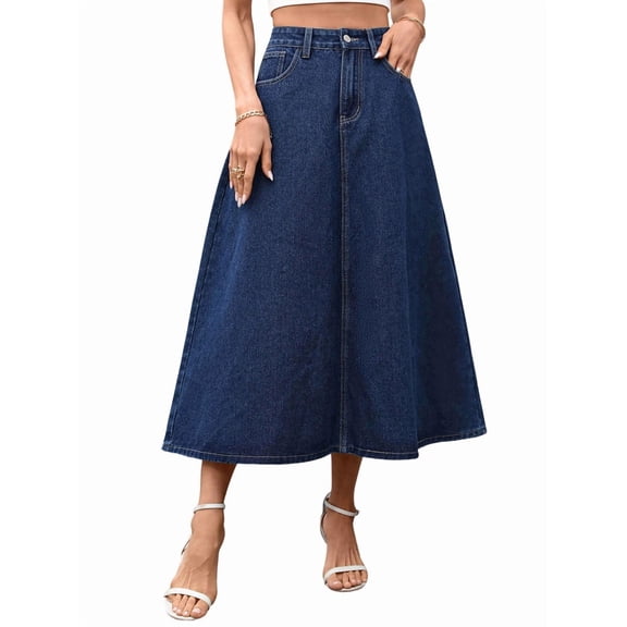 Women'S High Wasited A Line Long Maxi Jean Skirt Below Knee Length Flared Midi Denim Skirts XL