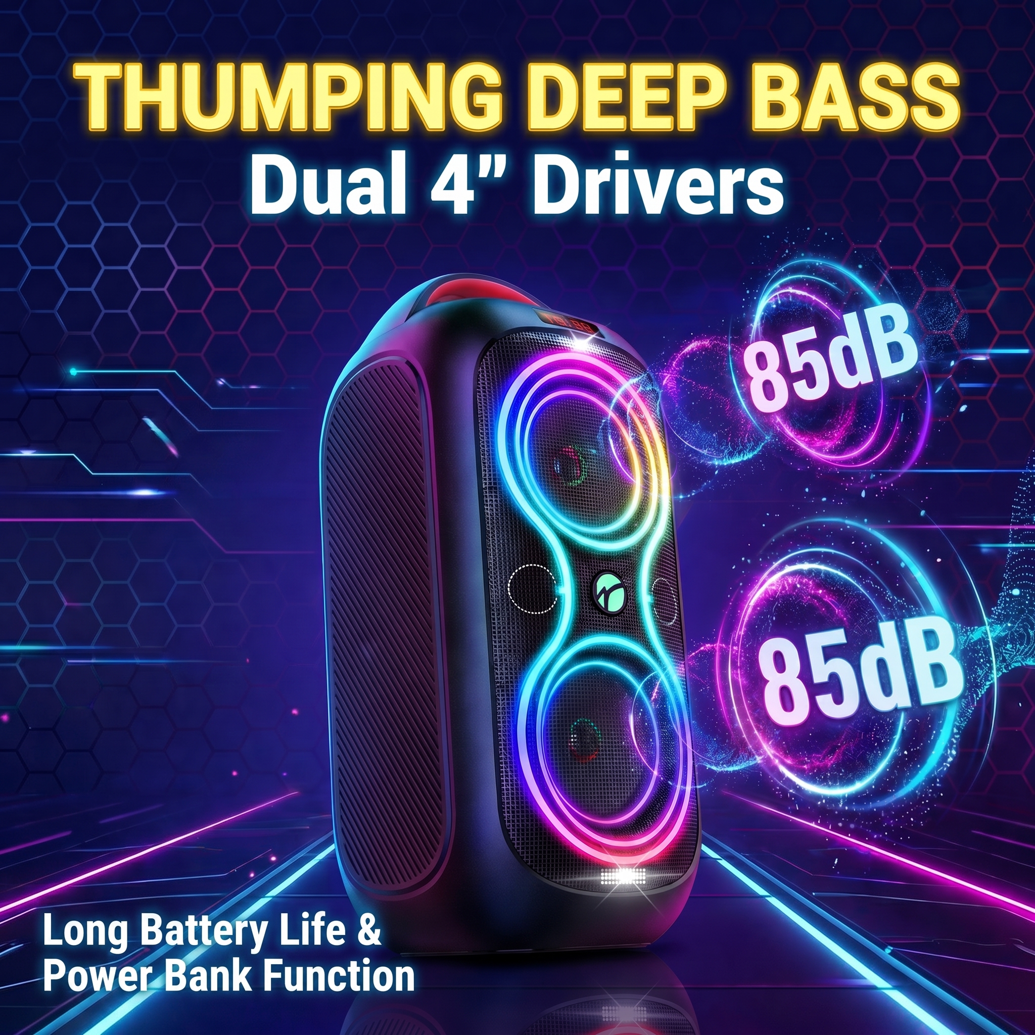 ABigDay 60W Portable Bluetooth Party Speaker with LED Lights photo 3