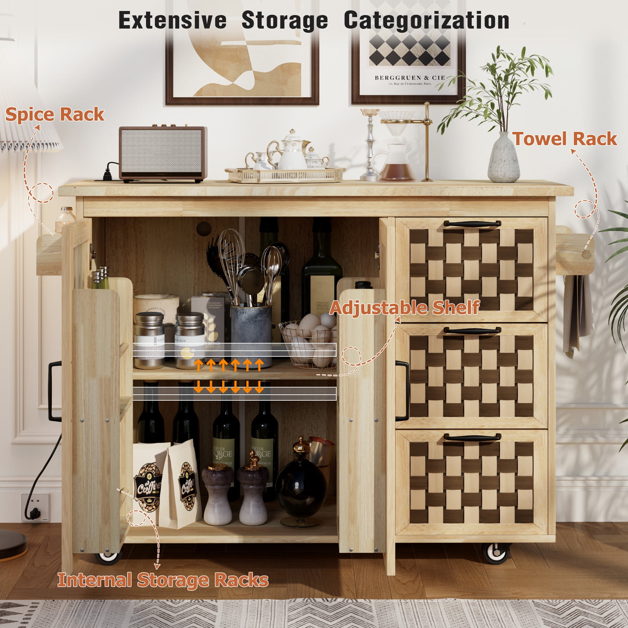 Euroco Vintage Style Kitchen Island with Drop Leaf, Storage Cabinets, Built-in Power Outlet – Mobile Kitchen Cart with Checkerboard Design, Drawers, Adjustable Shelves & Lockable Wheels – 53.2” Wide