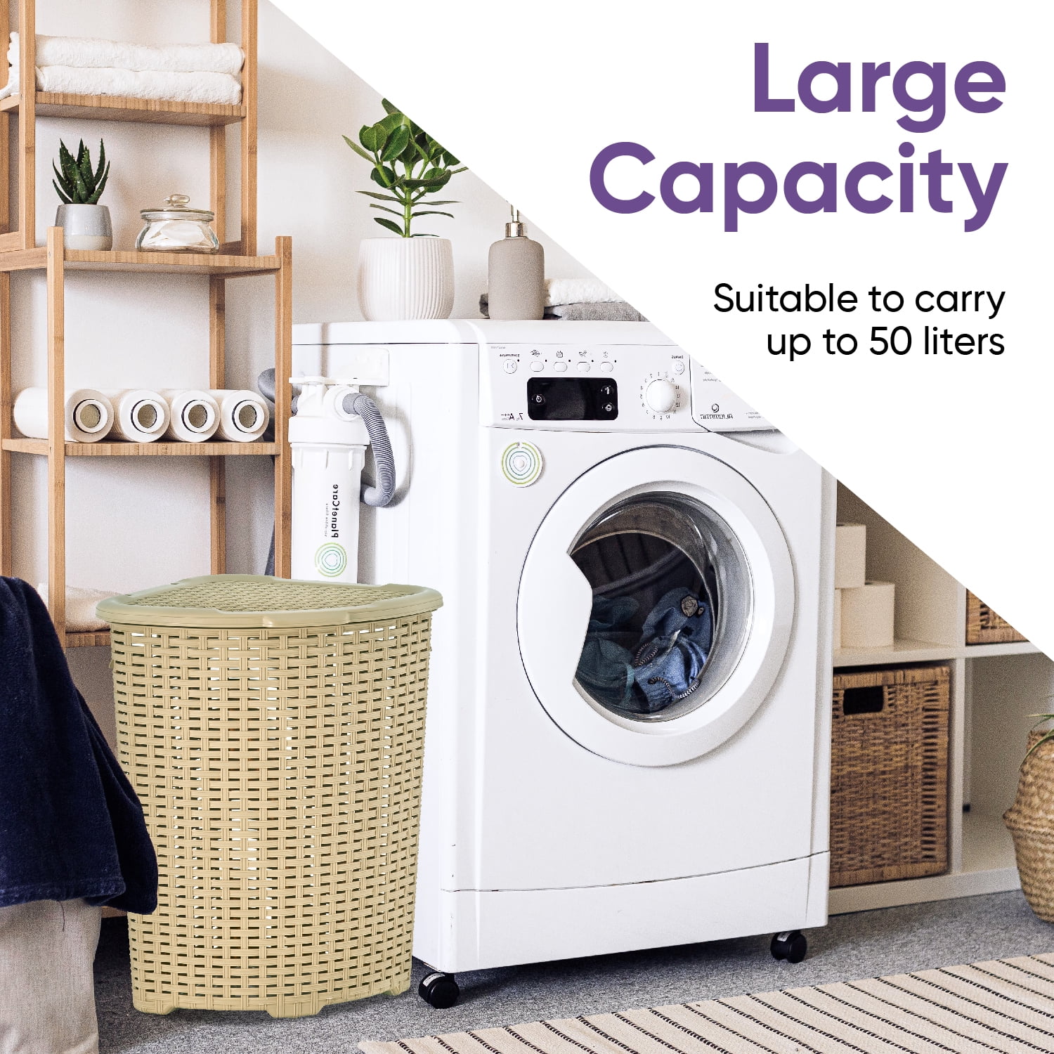 Superio 50L Wicker Plastic Corner Laundry Hamper with Lid - Beige (2 Pack)