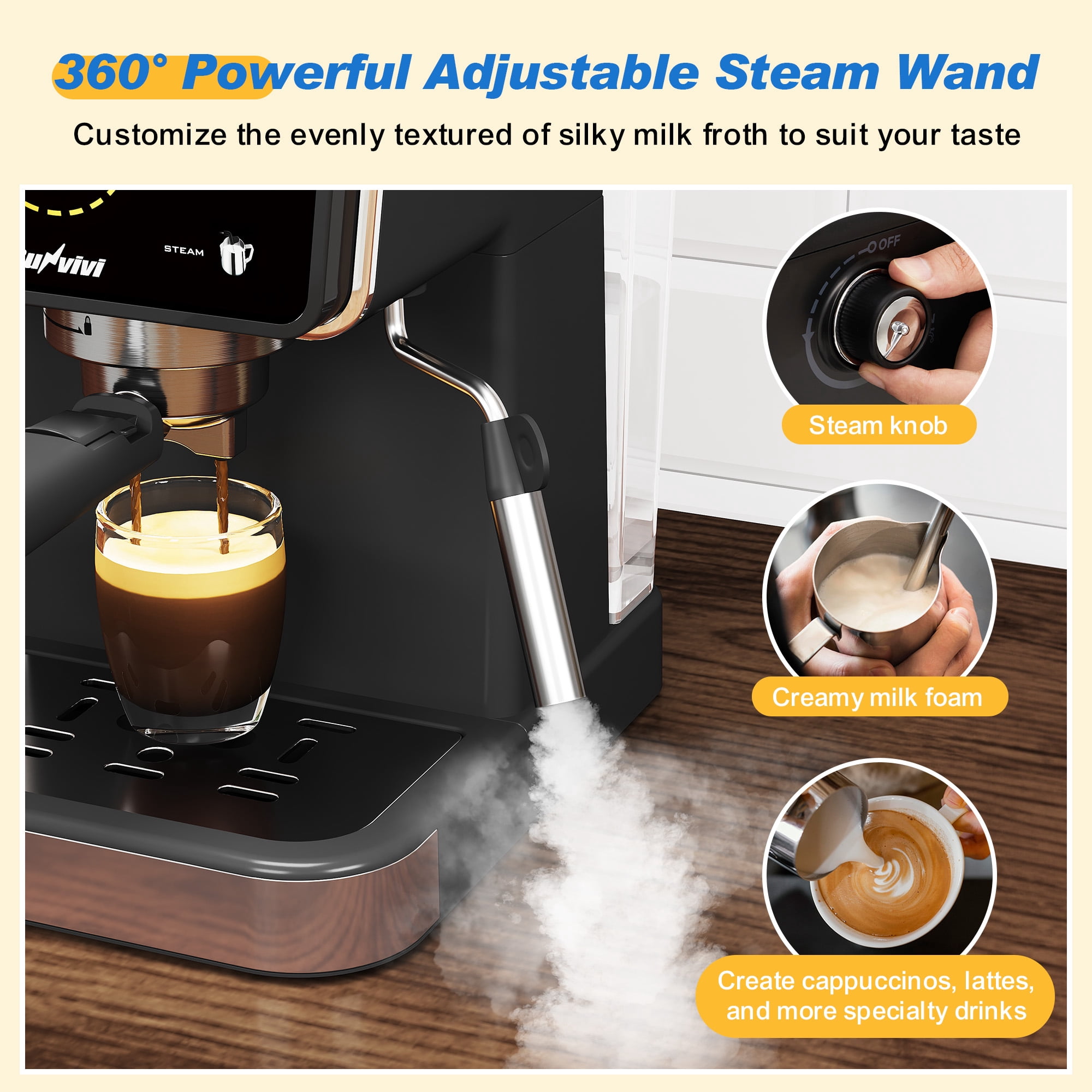 SUNVIVI 20 Bar Espresso Machine, 3-in-1 Hot & Iced Coffee Maker with Milk Frother, LED Touch Control, Removable 52oz Water Tank