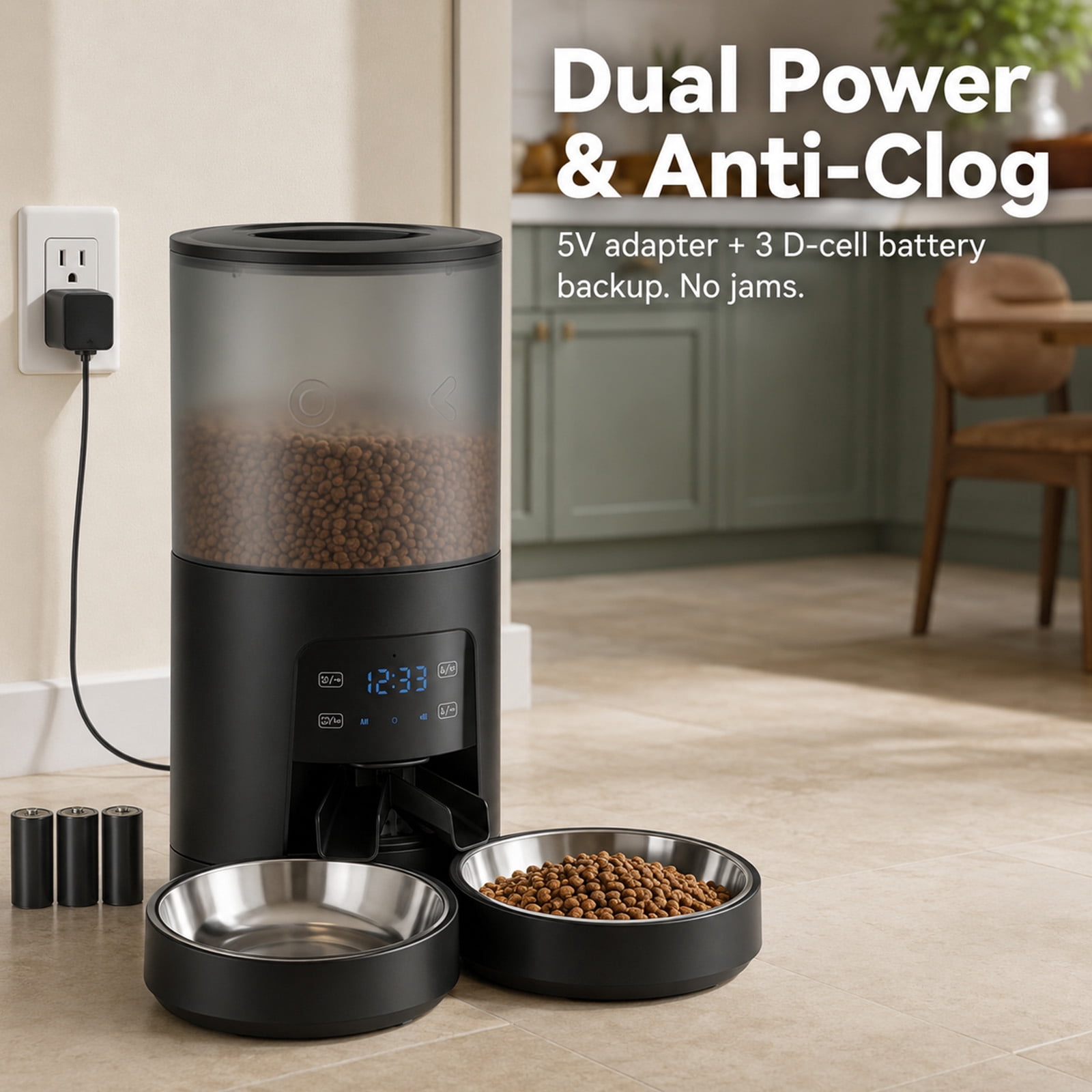 Alvantor 6L Automatic Cat Feeder, imed Cat Food Dispenser with 2 Stainless Bowls, Supply 10S Voice Recorder, Dual Power, Dual Pet Feeder for Cats and Dogs