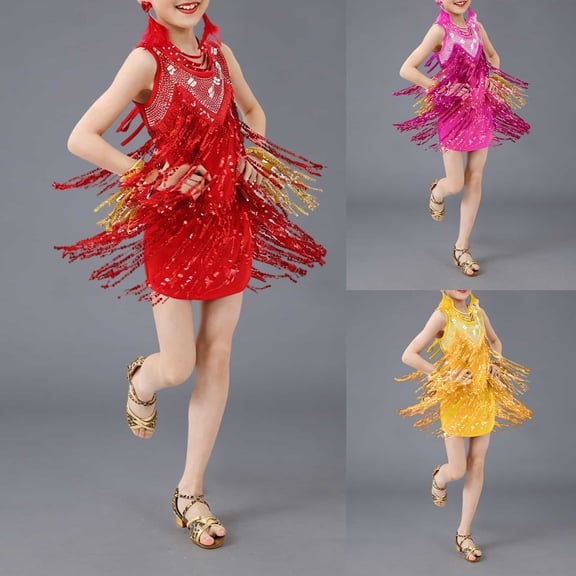MUXiin Kids Latin Dance Dress - Sleeveless Tassel Cha Cha Rumba Samba - Girls Shiny Fringe Halter Dance Outfit
