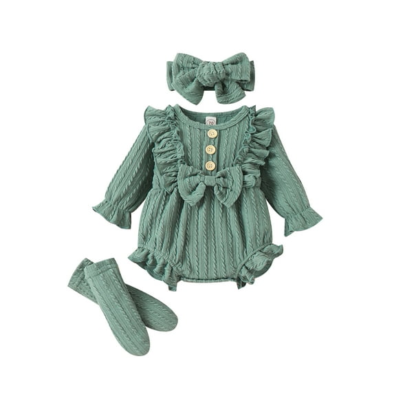 Gureui 3Pcs Infant Toddler Baby Girls Sweet Fall Outfits, Long Sleeve Crew Neck Button Front Ruffle Romper + Socks + Headband Set