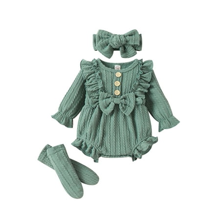 

Bagilaanoe 3Pcs Newborn Baby Girl Rompers Outfits Long Sleeve Ruffle Bodysuit + Socks + Headband 3M 6M 9M 12M Infant One Piece Jumpsuit