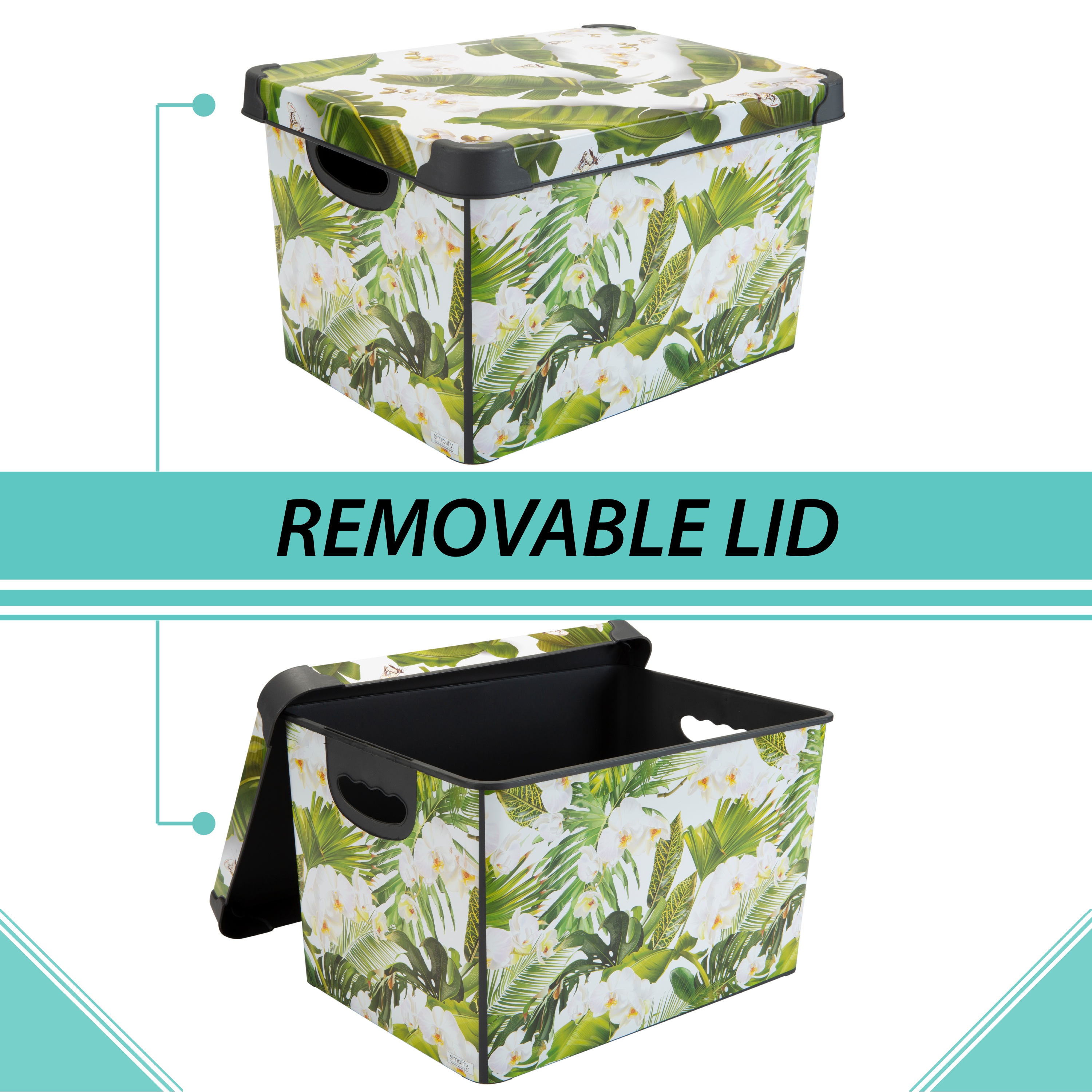 Simplify 2 Pack Tropical Leaf Print Design Plastic Storage Bin, White