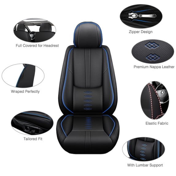 Fit for TOYOTA COROLLA 2010 Seat Cover, Leather 5 Piece Full Set With Lumbar Support Beautify Interior, Black and Blue Edges Car Seat Covers, Beautify the Interior of Old Cars
