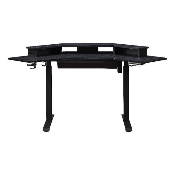 Pemberly Row Corner Electric Wood Standing Desk with Hutch and Drawer in Black