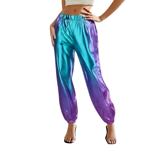 Miqool Shiny Metallic Pants for Women High Waist Shiny Jogger 70s Disco Dance Party Streetwear Trousers with Pockets
