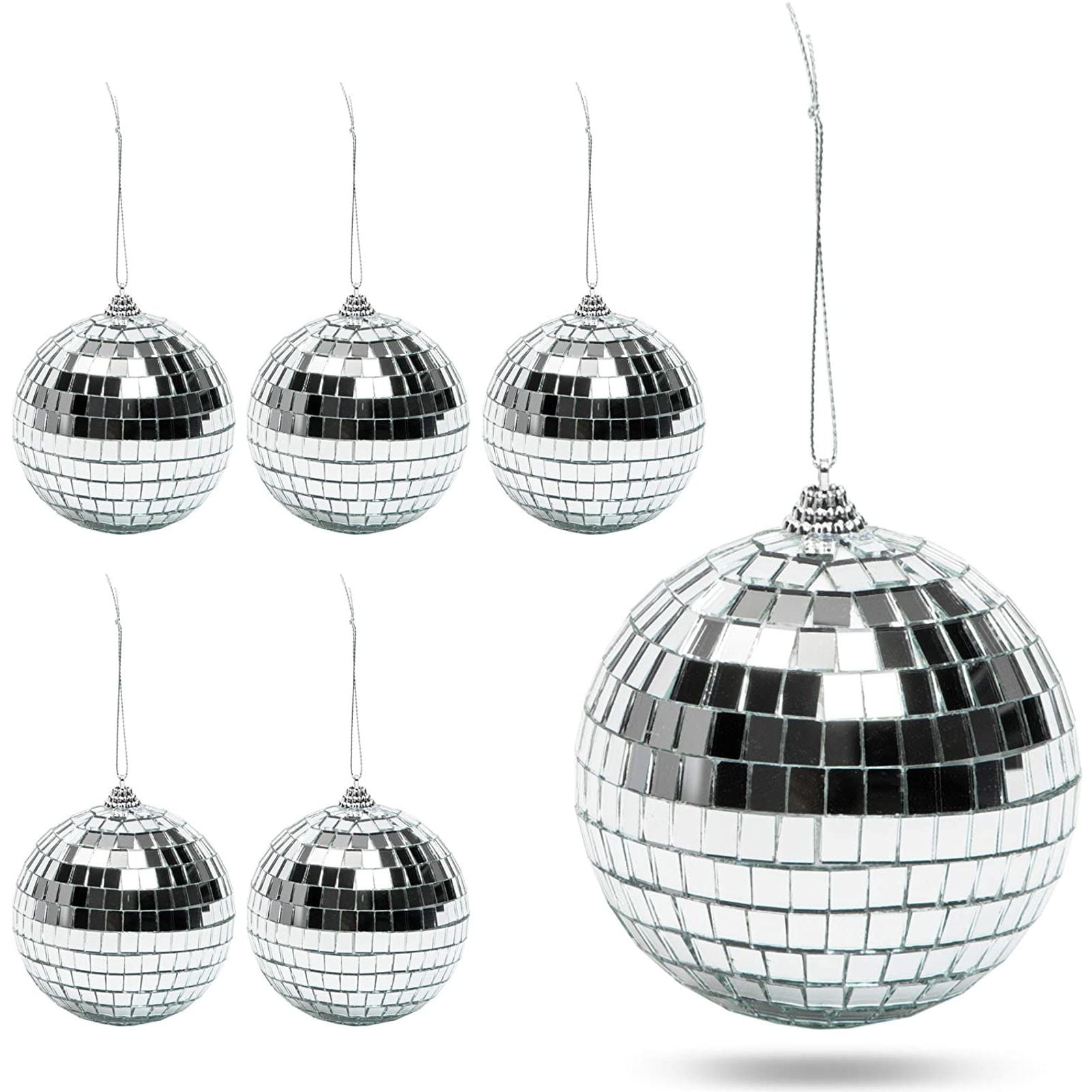 Disco Ball Christmas Tree Ornaments, Silver Decorations (4 Inches, 6