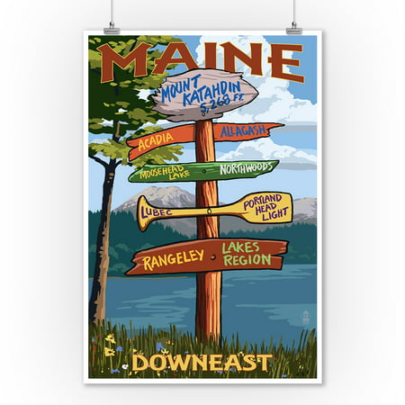 Mount Katahdin, Maine - Destinations Sign - Lantern Press Artwork (9x12 Art Print, Wall Decor Travel