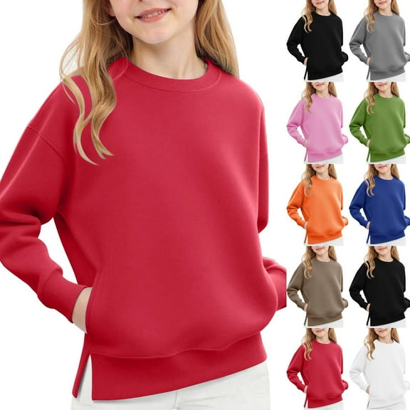 Girls Fleece Sweatshirt Kids Soft Crewneck Pullover Sweatshirts Long Sleeve Cute Relaxed Fit Shirts with Pocket