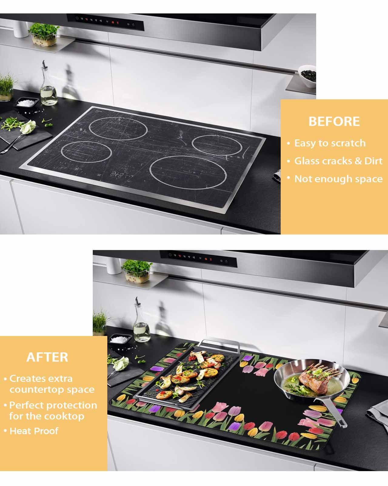 Large Induction Cooktop Protector Mat Easter Tulip Stove Top Covers for Electric Stove, Spring Watercolor Country Flower Plant Decorative Stove Burner Cover Mats, Glass Top Stove Cover