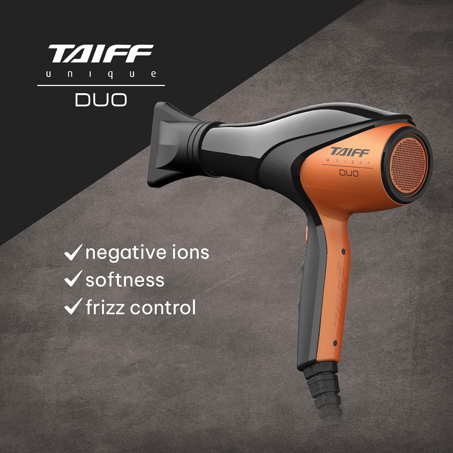 Taiff Unique Duo Professional Hair Dryer – 127V | 1875W Power | AC Motor | Tourmaline + Ionic & Ceramic Technology | Titanium Elements | 2 Concentrator Nozzles (Orange)