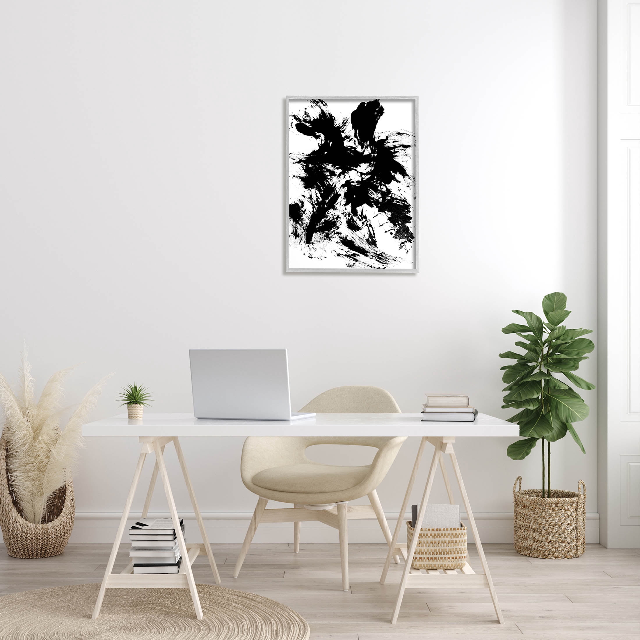 Contemporary Black Ink Strokes Abstract Graphic Art Gray Framed Art Print Wall Art