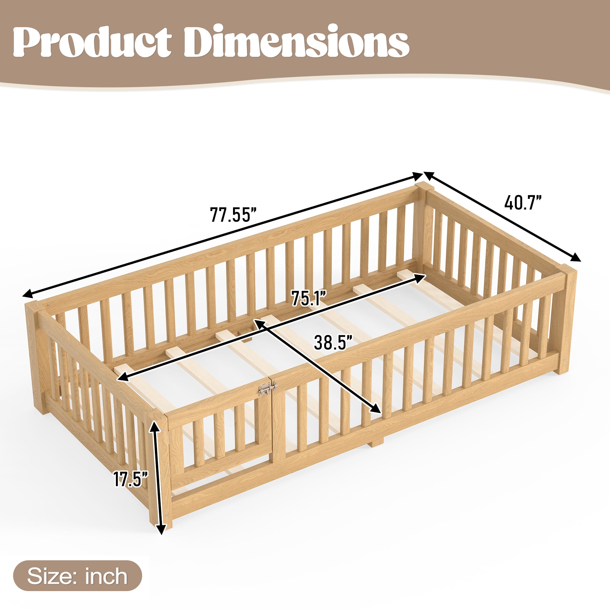 Twin Floor Bed 77.5 Inch, Solid Wood Bed Frame with Safety Guardrails and Door, Low Profile Montessori Bed for Kids Bedroom, Natural