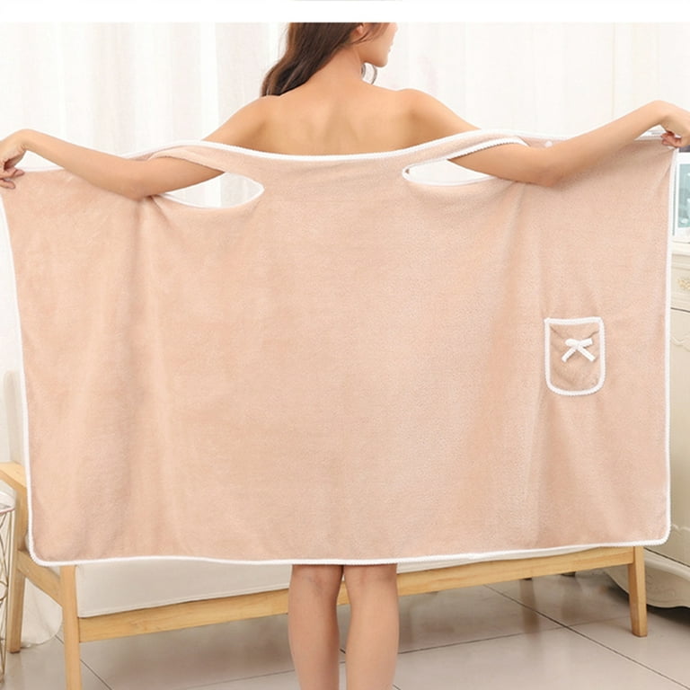 IMISSILLEB Women's Bath Towel with Straps Knee Length Adjustable Coral Fleece Body Wrap Dress for Shower Spa Beach, Size: One size, Beige