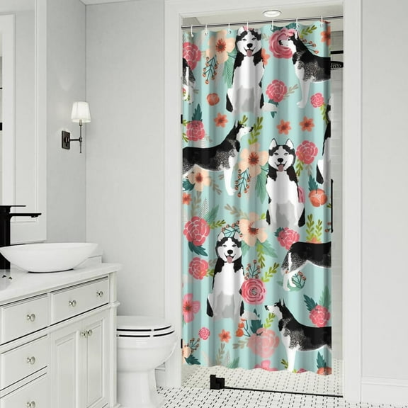 Husky and Flower Shower Curtain 36"x72" ,Bathroom Decorative Shower Curtains Set with 12 Hooks,Modern Waterproof Washable Shower Curtain