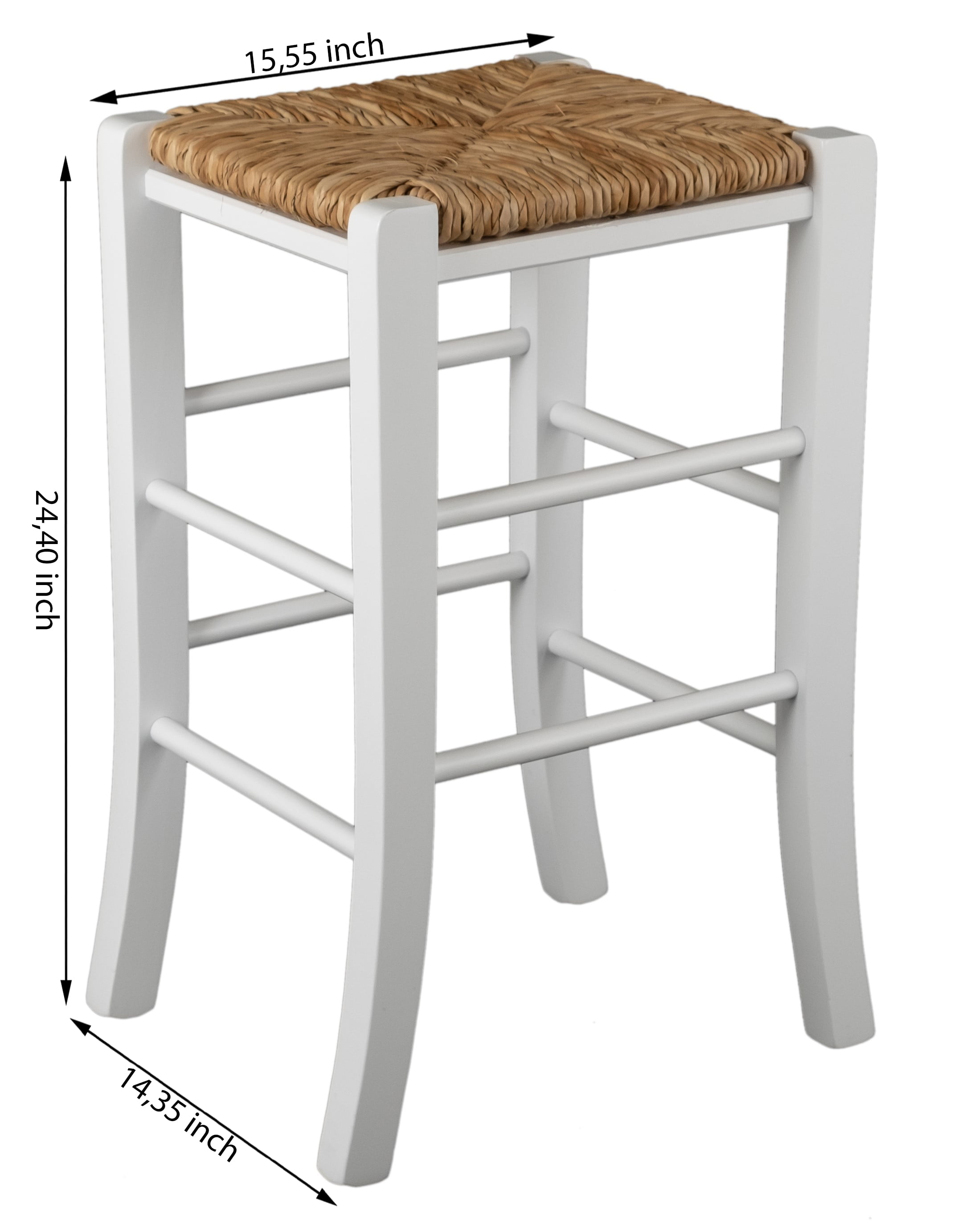 Linon Ivica Backless Wood Counter Stool, 24.4" Seat Height, White Finish with Natrual Handwoven Rush Seat